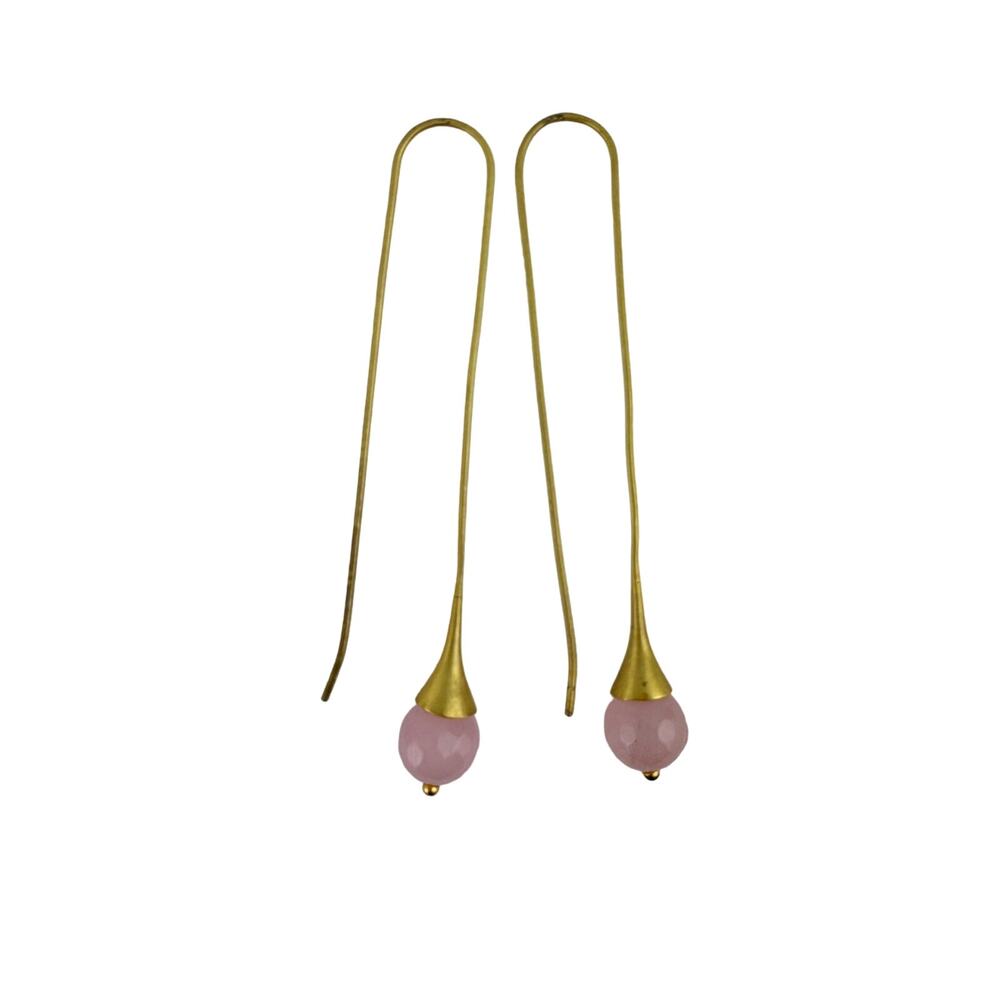 Pink Faceted Rose Quartz Balls Long Satin Gold Earrings